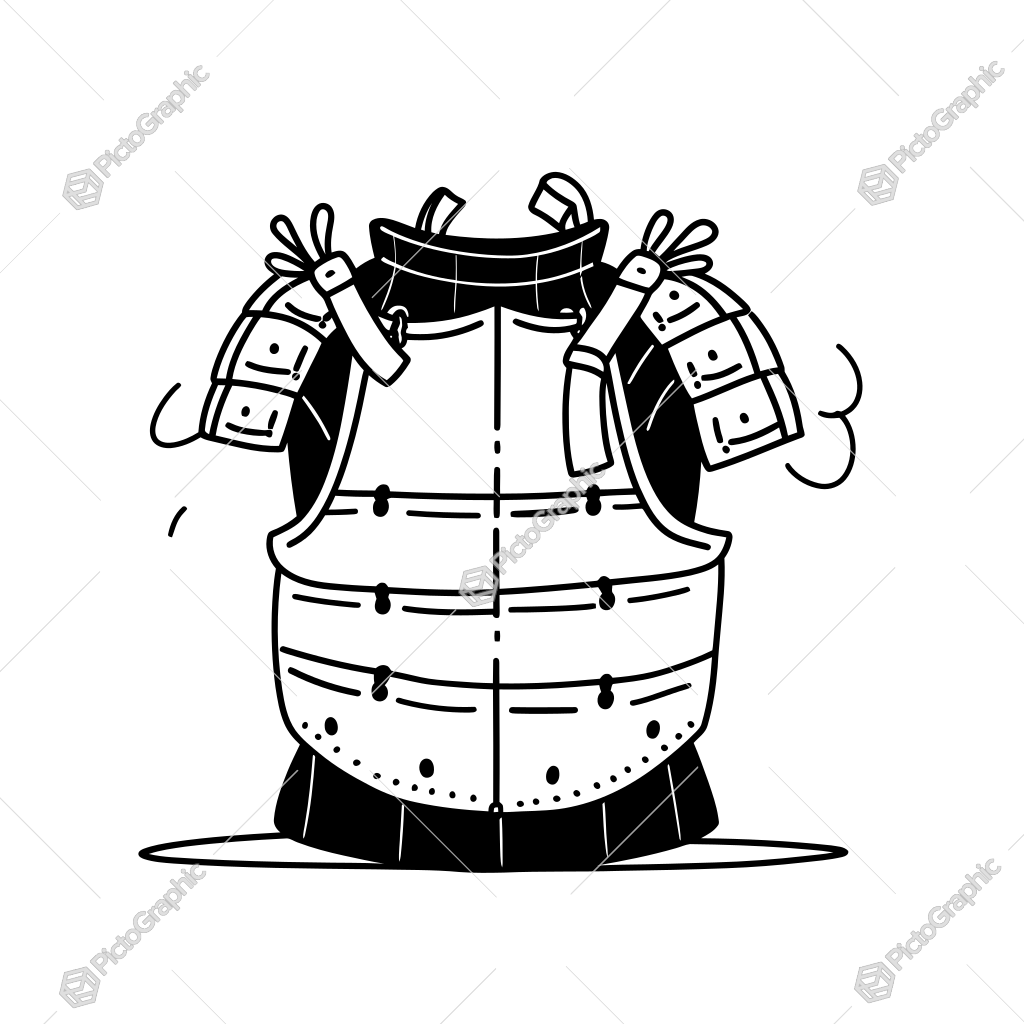 The image shows a black and white drawing of a samurai armor on a white background. The armor is detailed with intricate designs, including a chest plate, shoulder pads, and a belt with a buckle. The image shows a black and white drawing of a samurai armor on a white background. The armor is detailed with intricate designs, including a chest plate, shoulder pads, and a belt with a buckle.