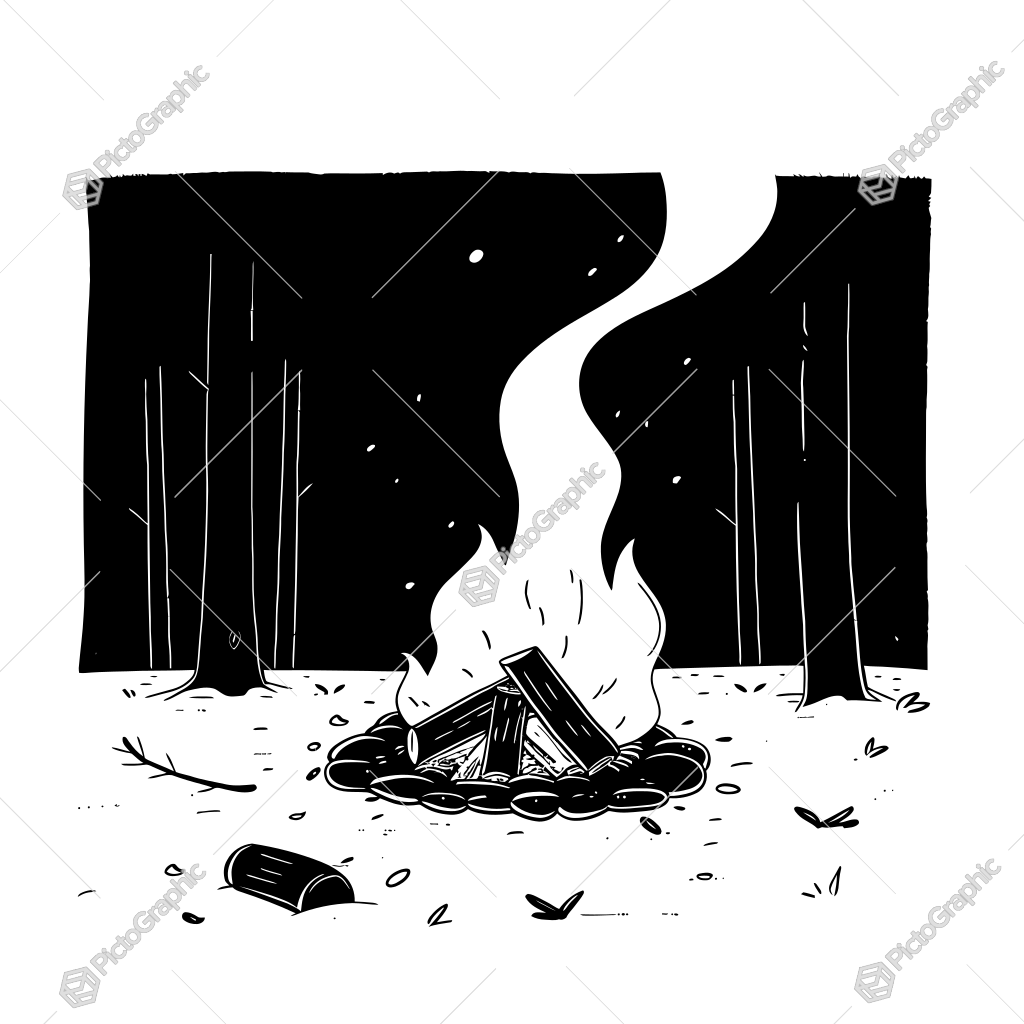 The image shows a black and white illustration of a campfire in the woods surrounded by trees. The fire is burning brightly in the center of the image, with the trees in the background providing a backdrop. The image shows a black and white illustration of a campfire in the woods surrounded by trees. The fire is burning brightly in the center of the image, with the trees in the background providing a backdrop.