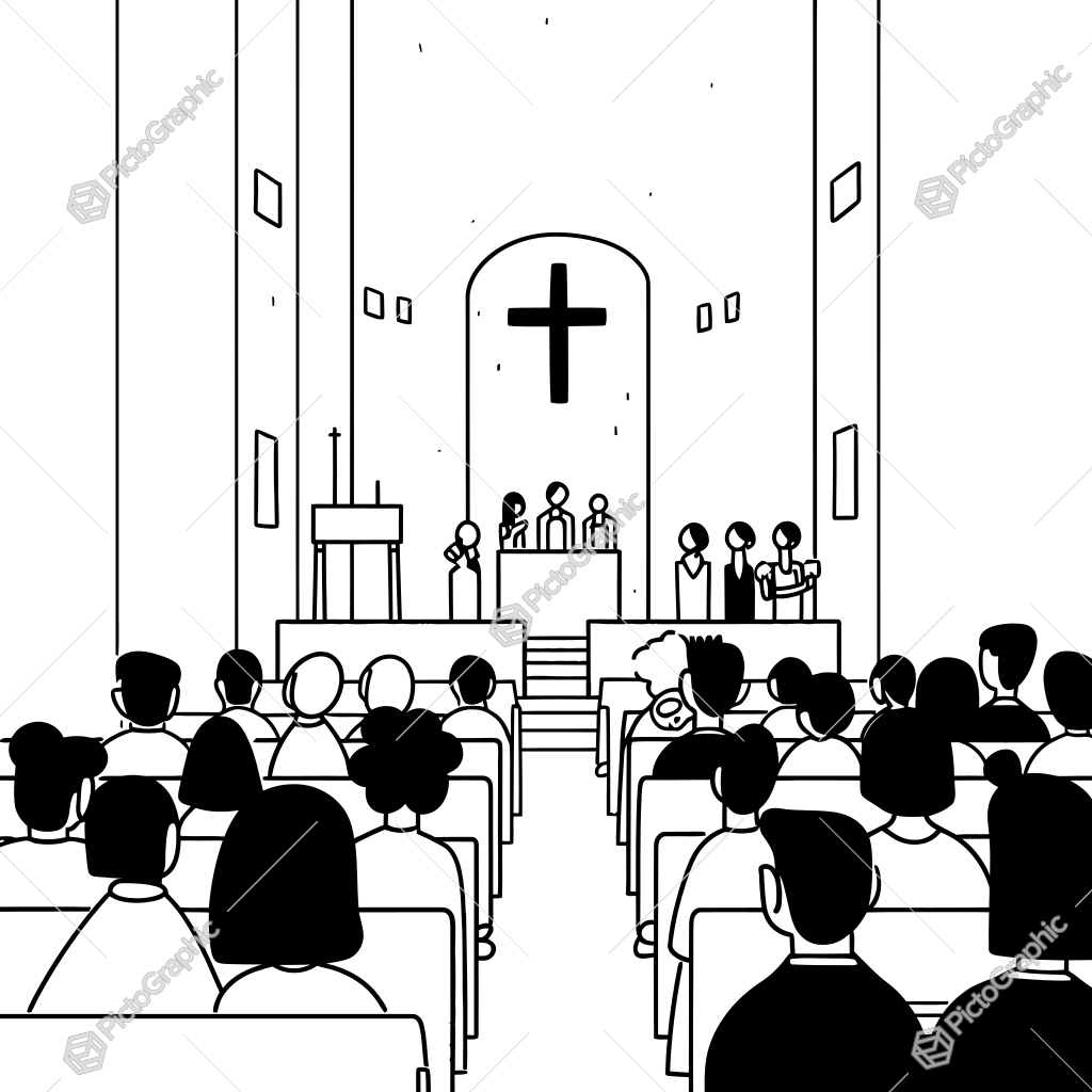 The image shows a black and white illustration of a church with people sitting in the pews. In the center of the image, there is a person standing in front of a podium with a cross symbol on it, surrounded by a few other people. The image shows a black and white illustration of a church with people sitting in the pews. In the center of the image, there is a person standing in front of a podium with a cross symbol on it, surrounded by a few other people.