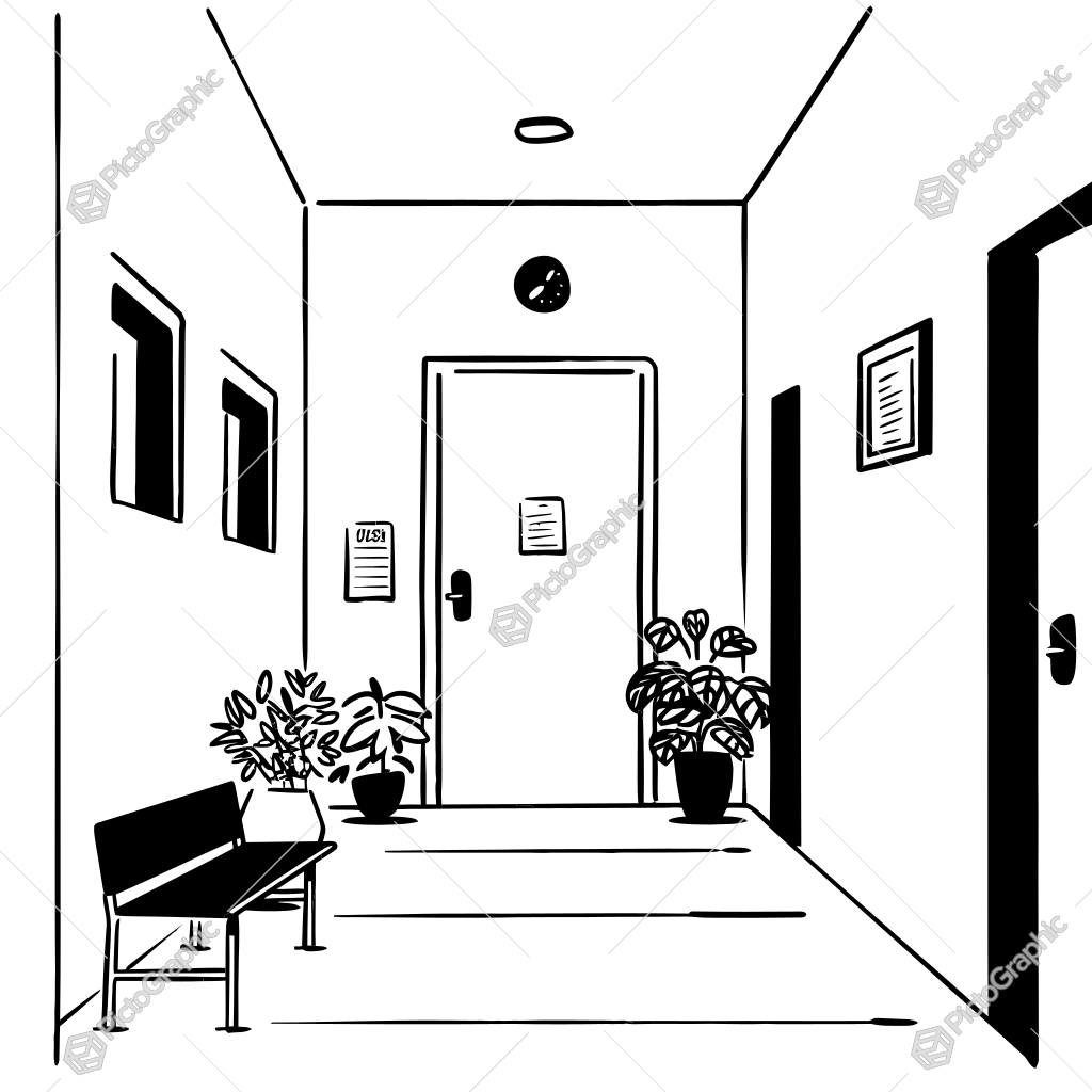 The image shows a black and white drawing of a hallway with a bench, houseplants, a door, frames on the wall, and a ceiling.