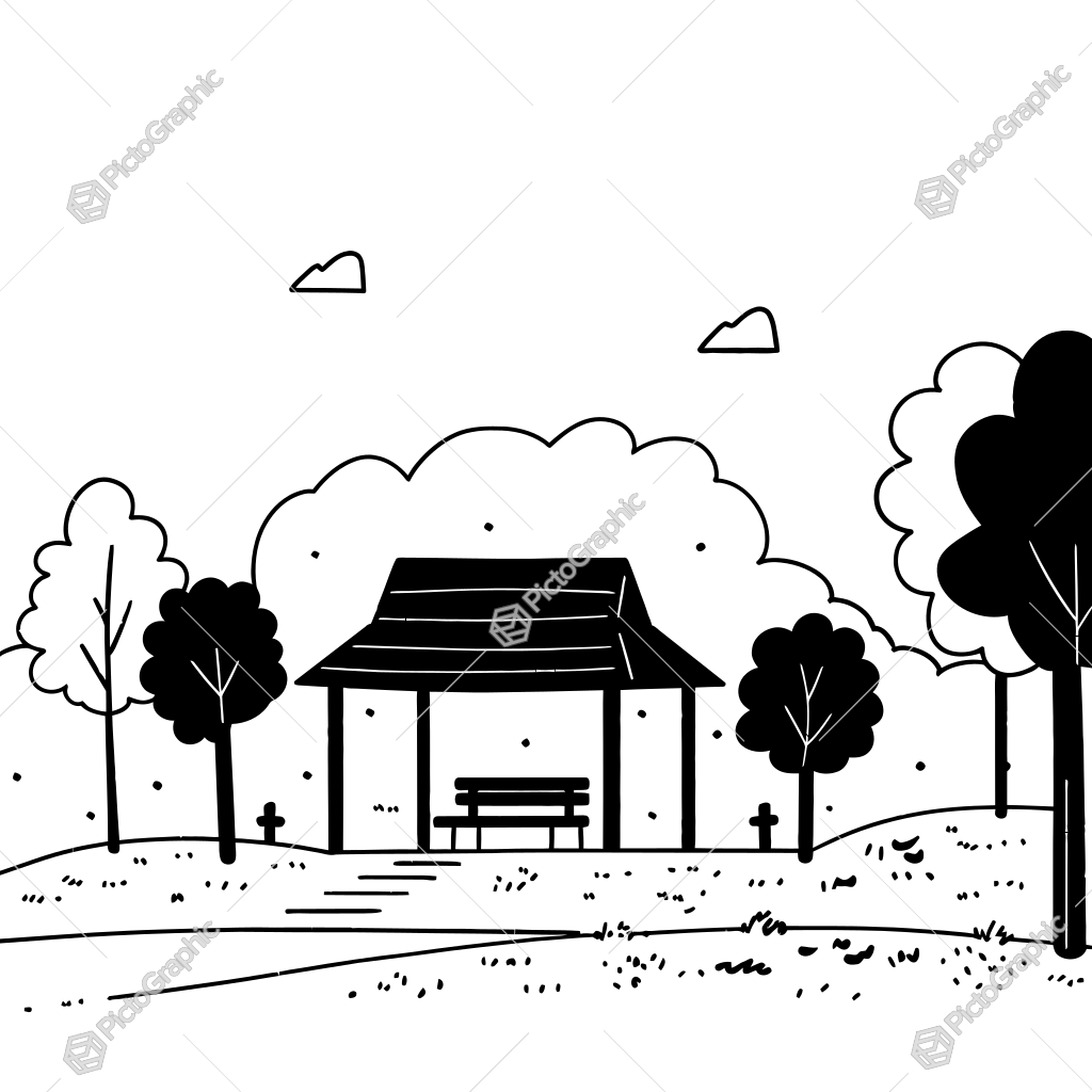 The image shows a black and white drawing of a gazebo in the middle of a park, surrounded by trees and a bench. The sky is filled with clouds, creating a peaceful atmosphere. The image shows a black and white drawing of a gazebo in the middle of a park, surrounded by trees and a bench. The sky is filled with clouds, creating a peaceful atmosphere.