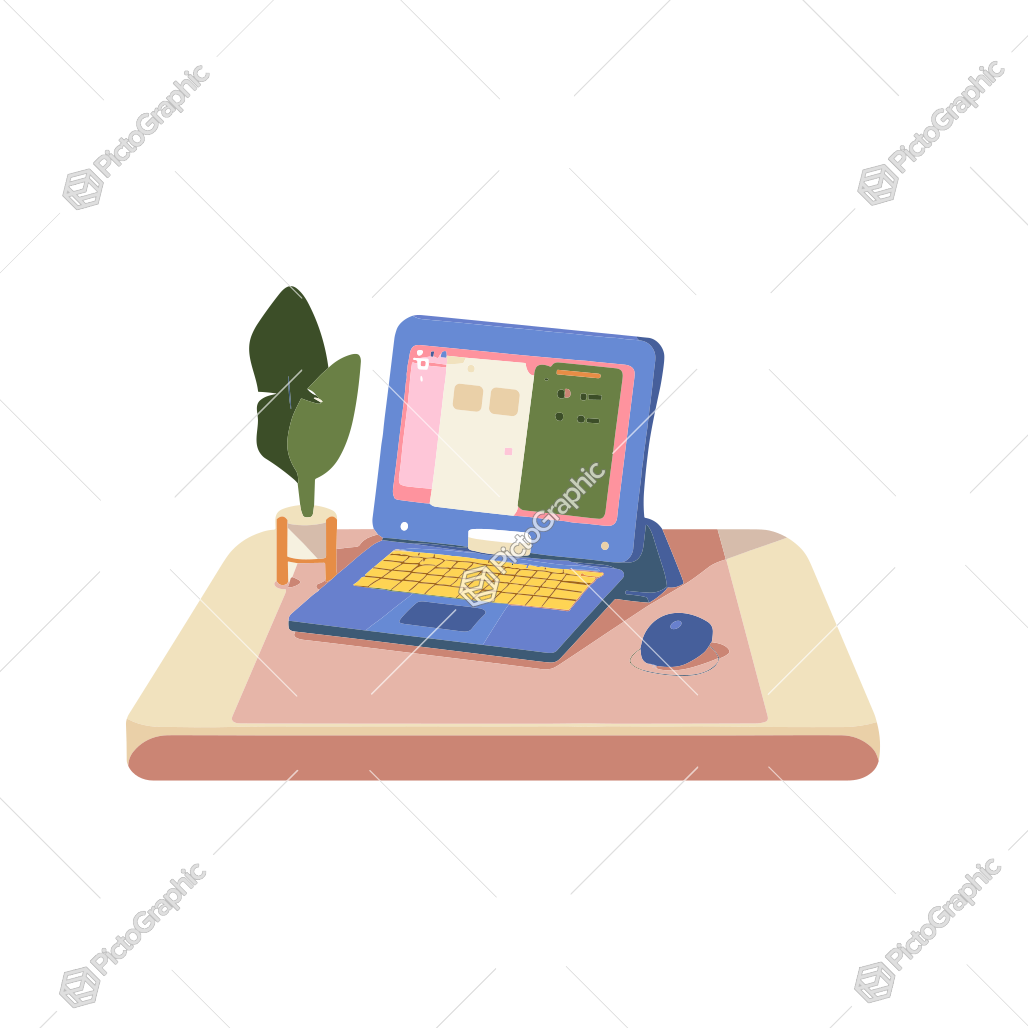 Illustration of a modern, organized workspace with a laptop, plant, mouse, and book stand.