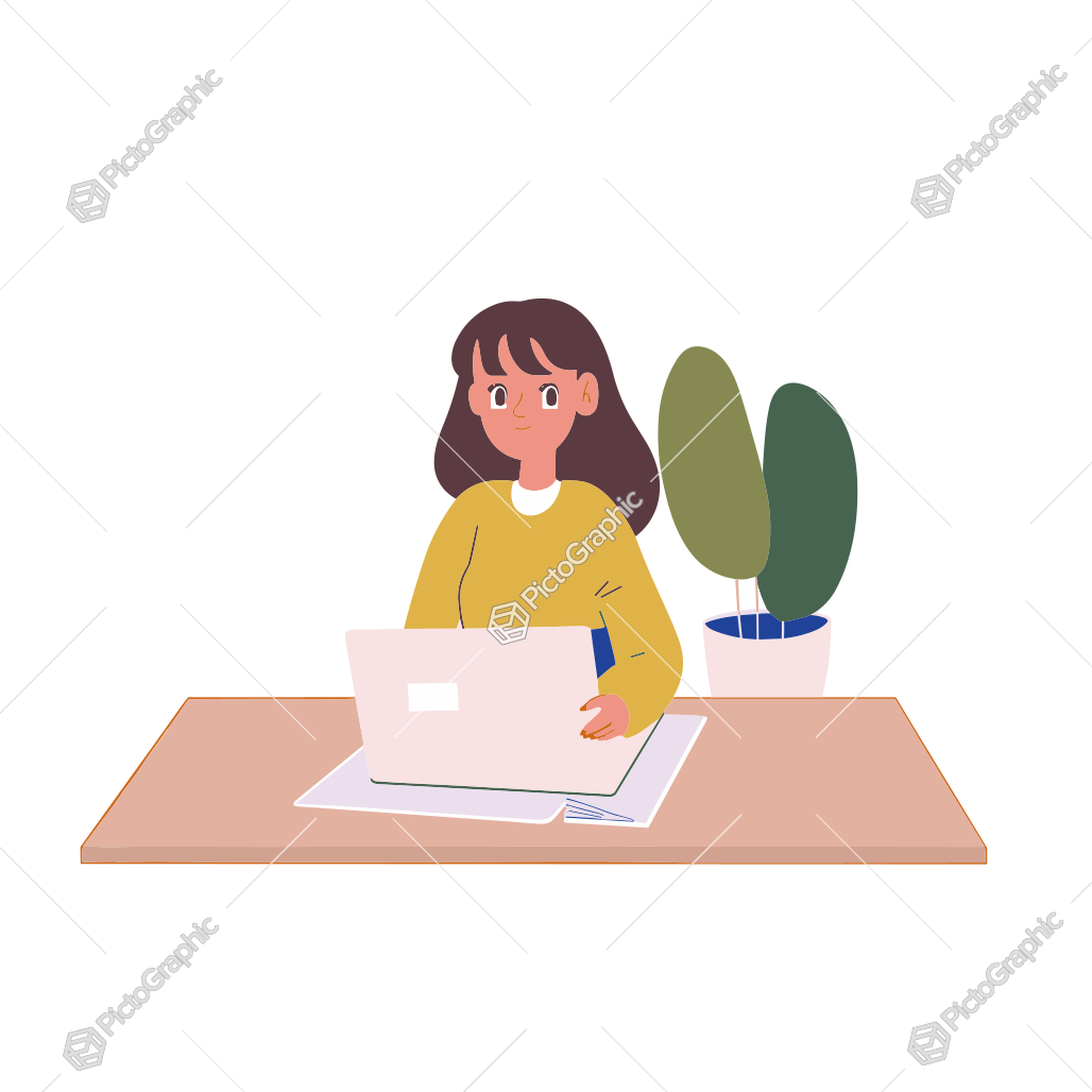 The image shows a woman sitting at a desk with a laptop computer in front of her. On the desk there are papers and a houseplant, and the background is white. The image shows a woman sitting at a desk with a laptop computer in front of her. On the desk there are papers and a houseplant, and the background is white.