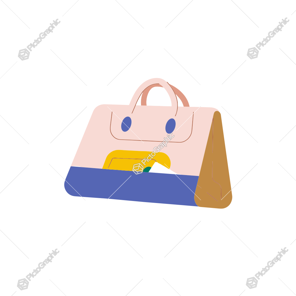 Illustrated pink and blue handbag with a yellow object in the front pocket