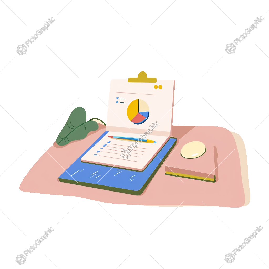 A workspace with a clipboard, pen, pie chart paper, plant leaf, book, and computer mouse A workspace with a clipboard, pen, pie chart paper, plant leaf, book, and computer mouse