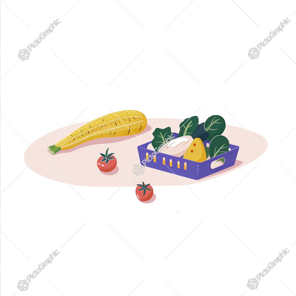 An assortment of vegetables including a yellow squash, tomatoes, and a basket with leafy greens and other produce An assortment of vegetables including a yellow squash, tomatoes, and a basket with leafy greens and other produce