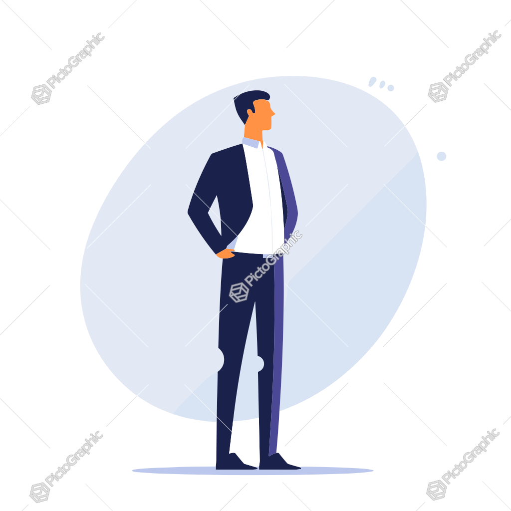 Illustration of a man in a suit standing confidently with hands on hips.