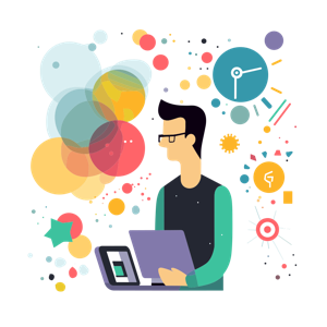 A person with a laptop surrounded by colorful abstract elements symbolizing creativity and data.