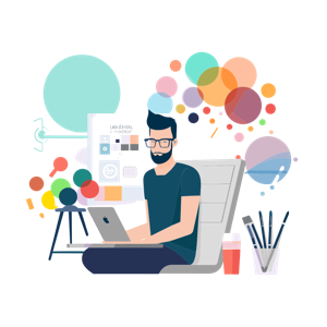 A man using a laptop at a creative workstation with abstract colorful bubbles indicating ideas or data.