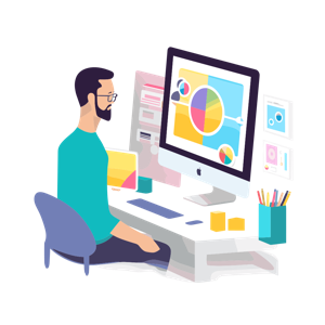 The illustration shows a man working on graphic design at his computer desk.