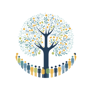 A graphic image of a tree with multicolored leaves and stylized human figures standing beneath it in a semi-circle.