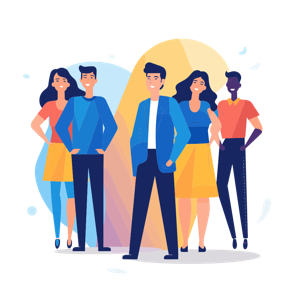 The image shows five illustrated people standing together confidently.