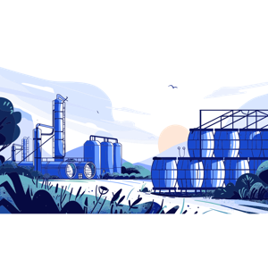The image is a graphic illustration of an industrial area with storage tanks and a greenhouse, set against a backdrop of nature with a sun, clouds, and birds.