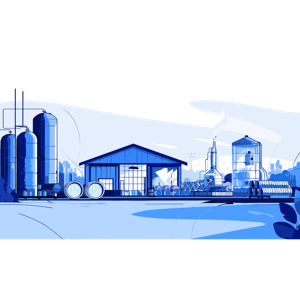 The image shows a blue and white illustration of a brewery with barrels in the foreground, a house in the background, and a plant on the right side. It is an animated image depicting the process of making beer.