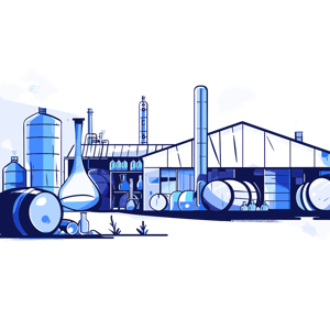 The image is a stylized illustration of an industrial plant with various structures and containers.