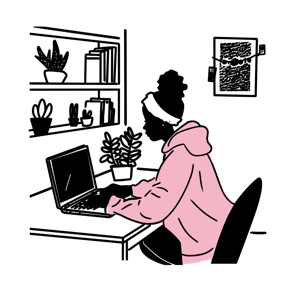 An illustration of a person working on a laptop at a desk with personal items and plants around.