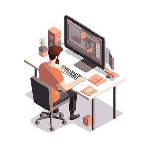 The image depicts a person at a work station with a computer and other desk items, illustrating a professional or creative working environment.