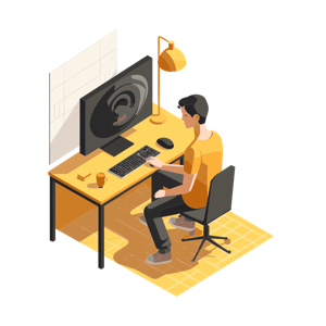 A person working at a computer desk.