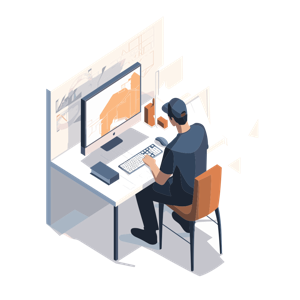 A person is working on architectural plans on a computer at a desk.