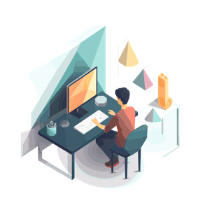 An illustrated person working at a computer desk.