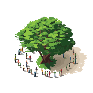 A group of people standing in a circle around a large tree.