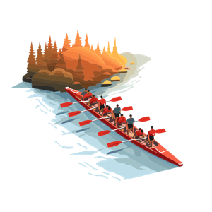 Two rowing teams in red boats navigating a waterway near an autumn-colored forest.