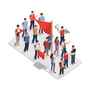 The image shows an illustration of a group of people participating in a demonstration or march.