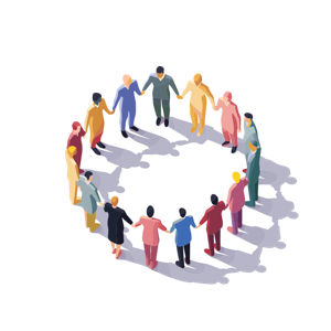 The image shows a group of people holding hands in a circle, symbolizing unity or teamwork.
