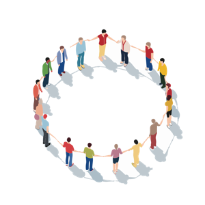 The image is a graphic illustration of diverse people holding hands in a circle.