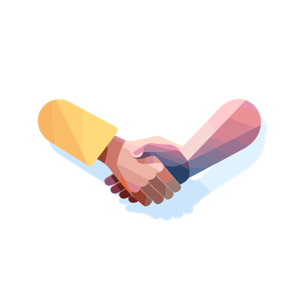 The image shows a stylized illustration of a handshake