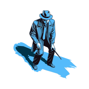 The image shows a man in a blue suit and hat walking with a cane. He is wearing a coat and a hat, and the background is white.