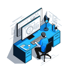 A person working at a computer desk with two monitors in an office environment.