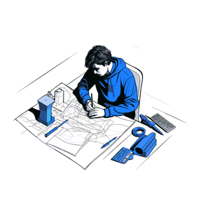 A person drafting or designing with tools on a desk.