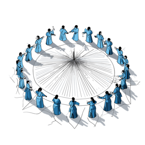 The image shows stylized women holding hands in a circle, creating a radial sunburst pattern.