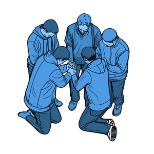 A group of people in a huddle.