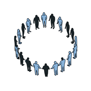 The image shows a group of simplified, two-tone human figures standing in a circle.