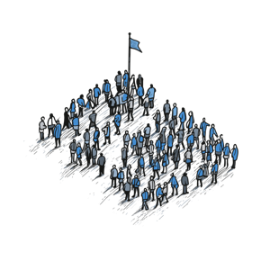 A group of stylized figures around a flag, representing a gathering or a team.