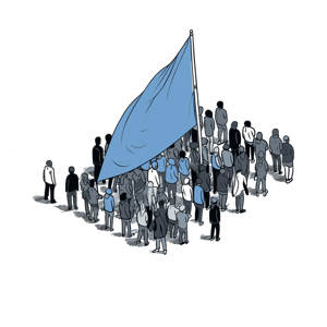 A group of people depicted in a minimalistic style congregating around a large blue flag.