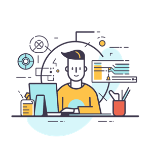 The image is an illustration of a person working at a desk surrounded by productivity symbols.