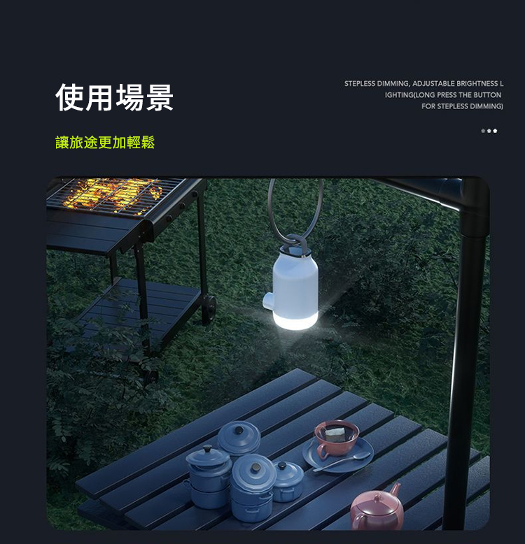 使用場景讓旅途更加輕鬆STEPLESS DIMMING ADJUSTABLE BRIGHTNESS LIGHTINGLONG PRESS THE BUTTONFOR STEPLESS DIMMING)