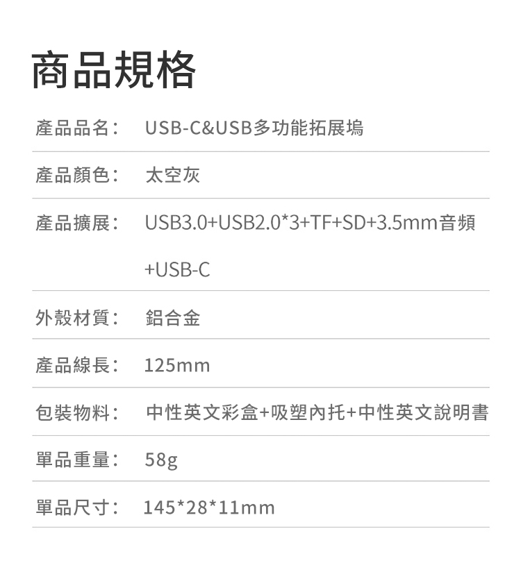商品規格產品品名: USB-C&USB多功能拓展塢產品顏色: 太空灰產品擴展: USB3.0+USB2.0*3+TF+SD+3.5mm音頻+USB-C外殼材質: 鋁合金產品線長: 125mm包裝物料: 中性英文彩盒+吸塑托+中性英文說明書單品重量: 58g單品尺寸:145*28*11mm