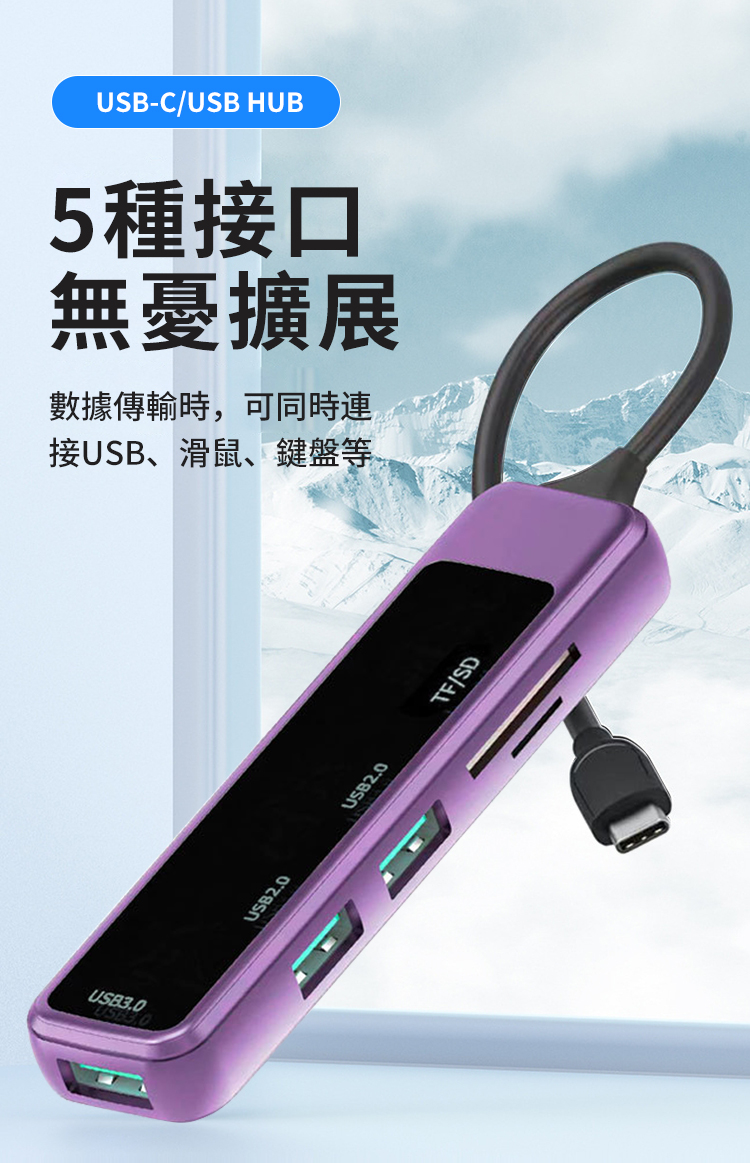 USB3.0USB-C/USB HUB5種接口無憂擴展數據傳輸時,可同時連接USB、滑鼠、鍵盤等~USB2.0USB2.0TF/SD