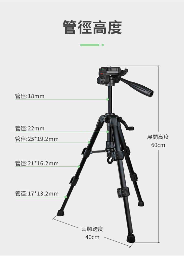 管徑:18mm管徑:22mm管徑:25*19.2mm管徑:21*16.2mm管徑:17*13.2mm管徑高度兩腳跨度40cm展開高度60cm