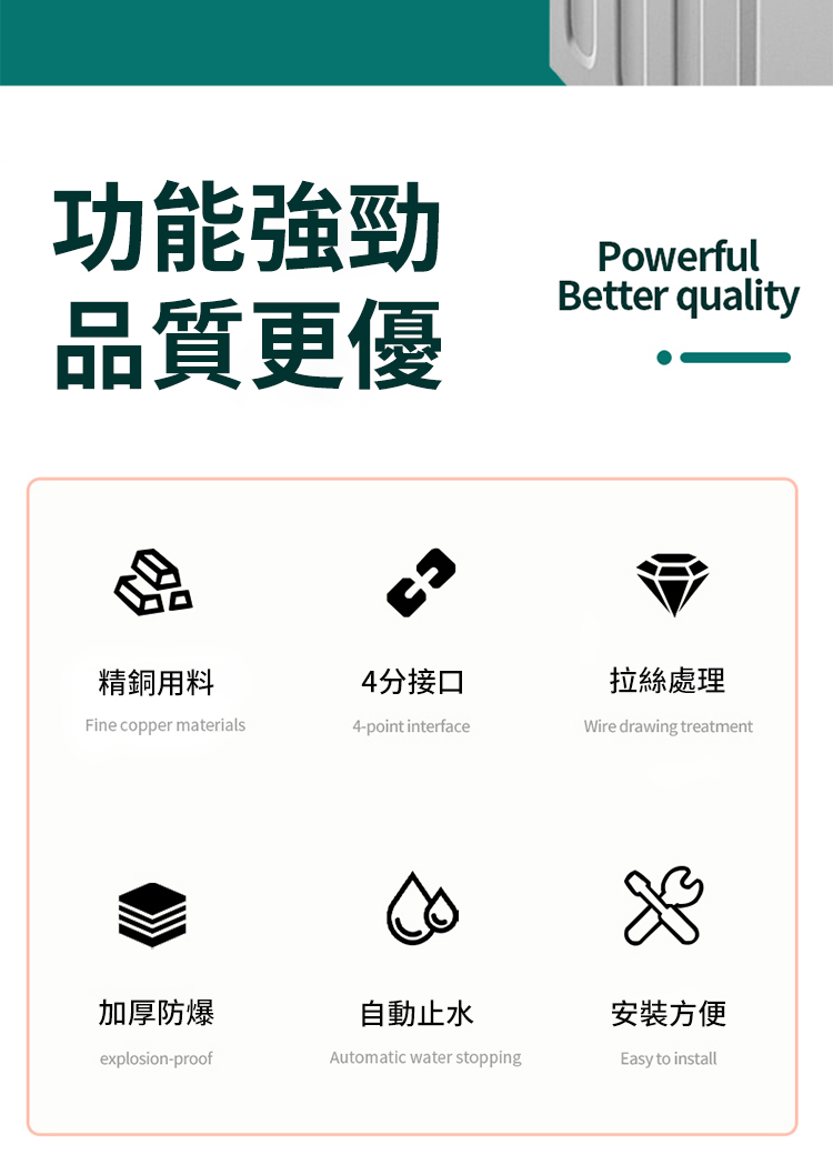 功能強勁品質更優PowerfulBetter quality精銅用料4分接口拉絲處理Fine copper materials4-point interfaceWire drawing treatment加厚防爆自動止水安裝方便explosion-proofAutomatic water stoppingEasy to install