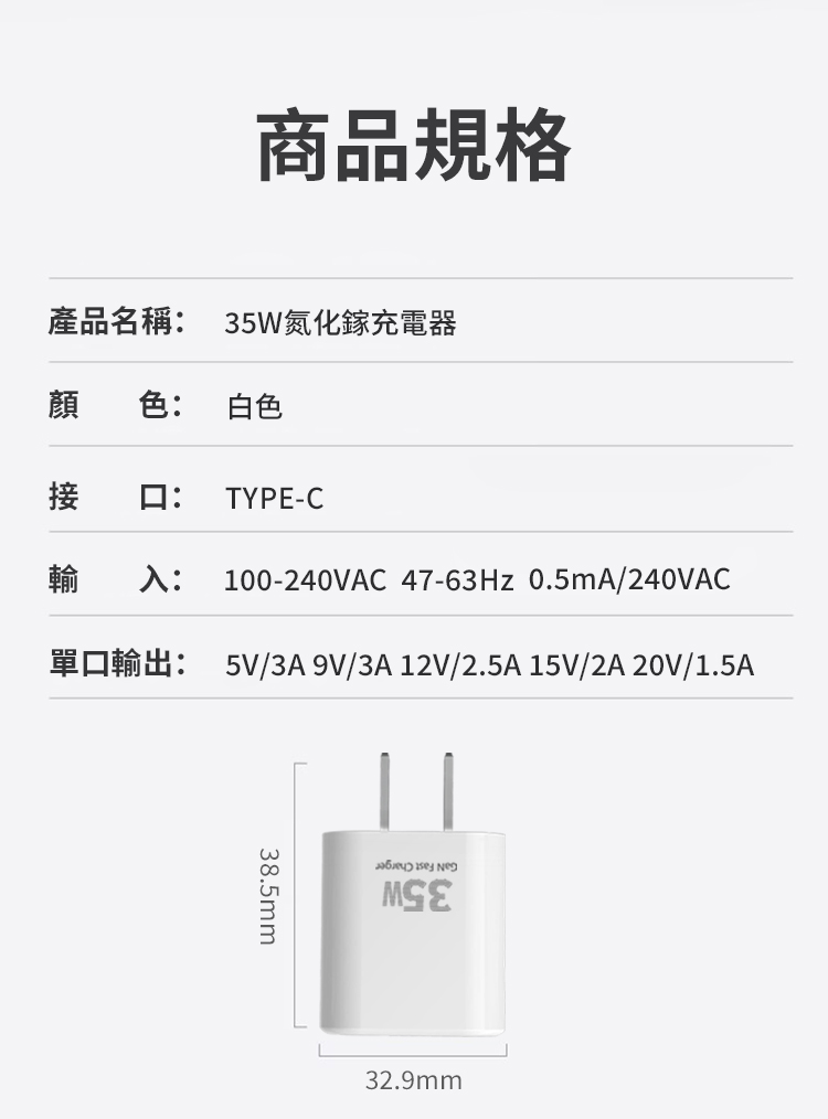 商品規格產品名稱:35W氮化鎵充電器顏 色:白色接口:TYPE-C輸入: 100-240VAC 47-63Hz 0.5mA/240VAC單口輸出: 5V/3A9V/3A12V/2.5A 15V/2A20V/1.5A38.5mmMSE32.9mm