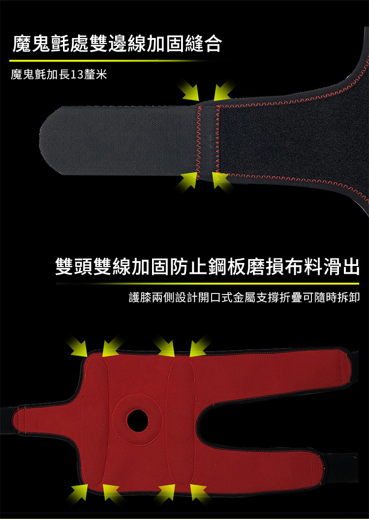 魔鬼氈處雙邊線加固縫合魔鬼氈加長13釐米雙頭雙線加固防止鋼板磨損布料滑出護膝兩側設計開口式金屬支撐折疊可隨時拆卸