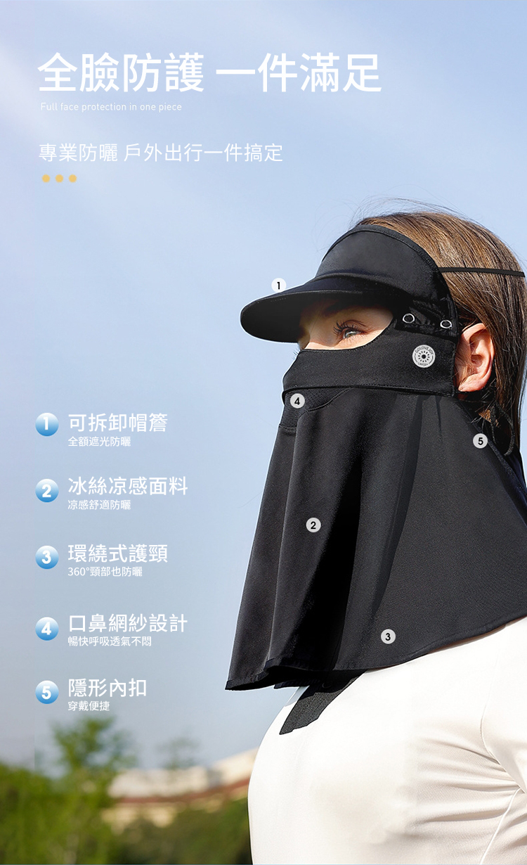 全臉防護一件滿足Full face protection in one piece專業防曬 戶外出行一件搞定可拆卸帽簷全額遮光防曬冰絲凉感面料凉感舒適防曬環繞式護頸360°頸部也防曬口鼻網紗設計暢快呼吸透氣不悶隱形內扣穿戴便捷