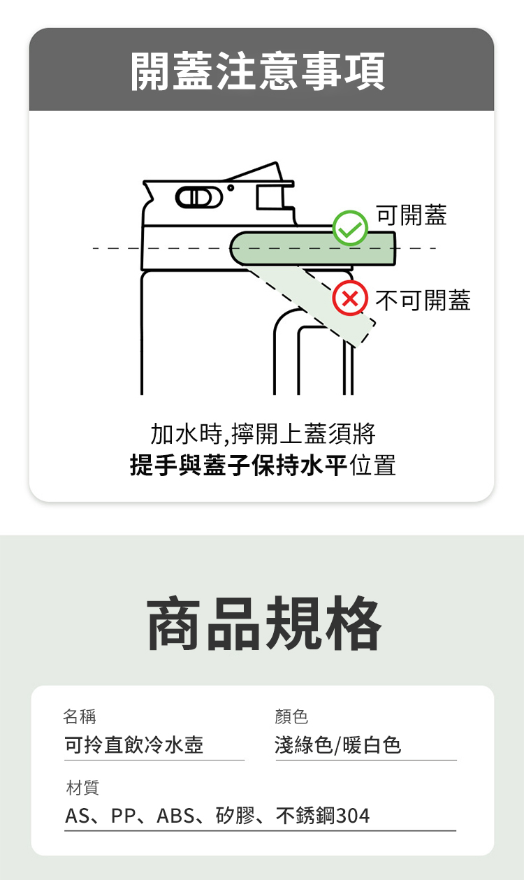 開蓋注意事項可開蓋不可開蓋加水時,開上蓋須將提手與蓋子保持水平位置商品規格名稱顏色可直飲冷水壺淺綠色/暖白色材質AS、PP、ABS、矽膠、不銹鋼304