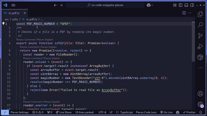 Save a snippet to Pieces Drive in VS Code.