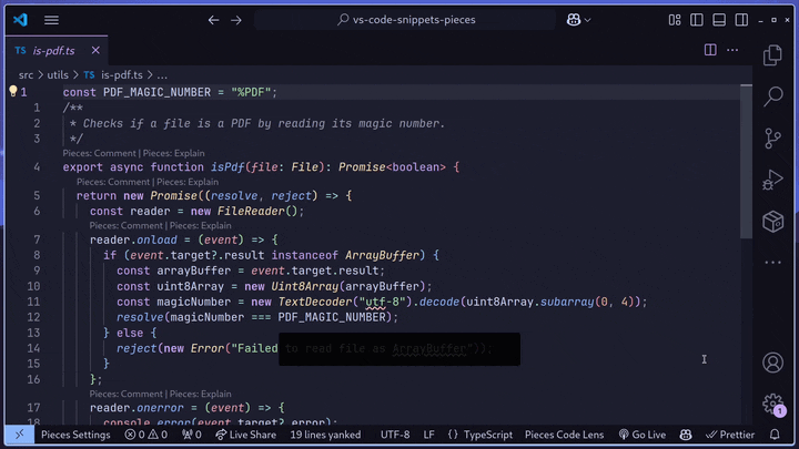 Accessing a snippet from Pieces Drive in VS Code.